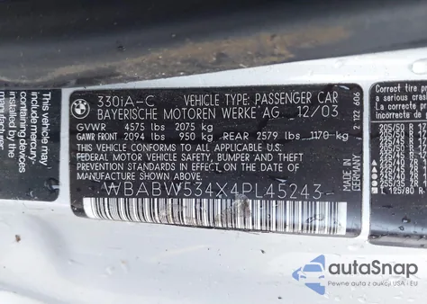 2004 BMW 330Ci from USA, damaged, VIN WBABW534X4PL45243